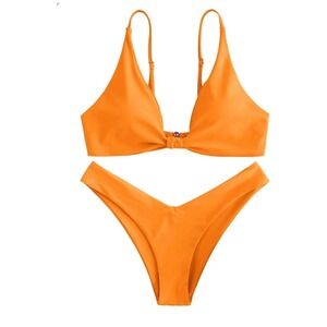 ZAFUL Women's Tie Knot Front Spaghetti Strap High Cut Bikini‎ Set Swimsuit